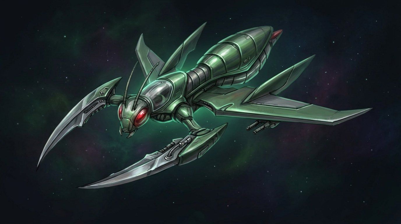 Concept art of a green mechanical mantis enemy.