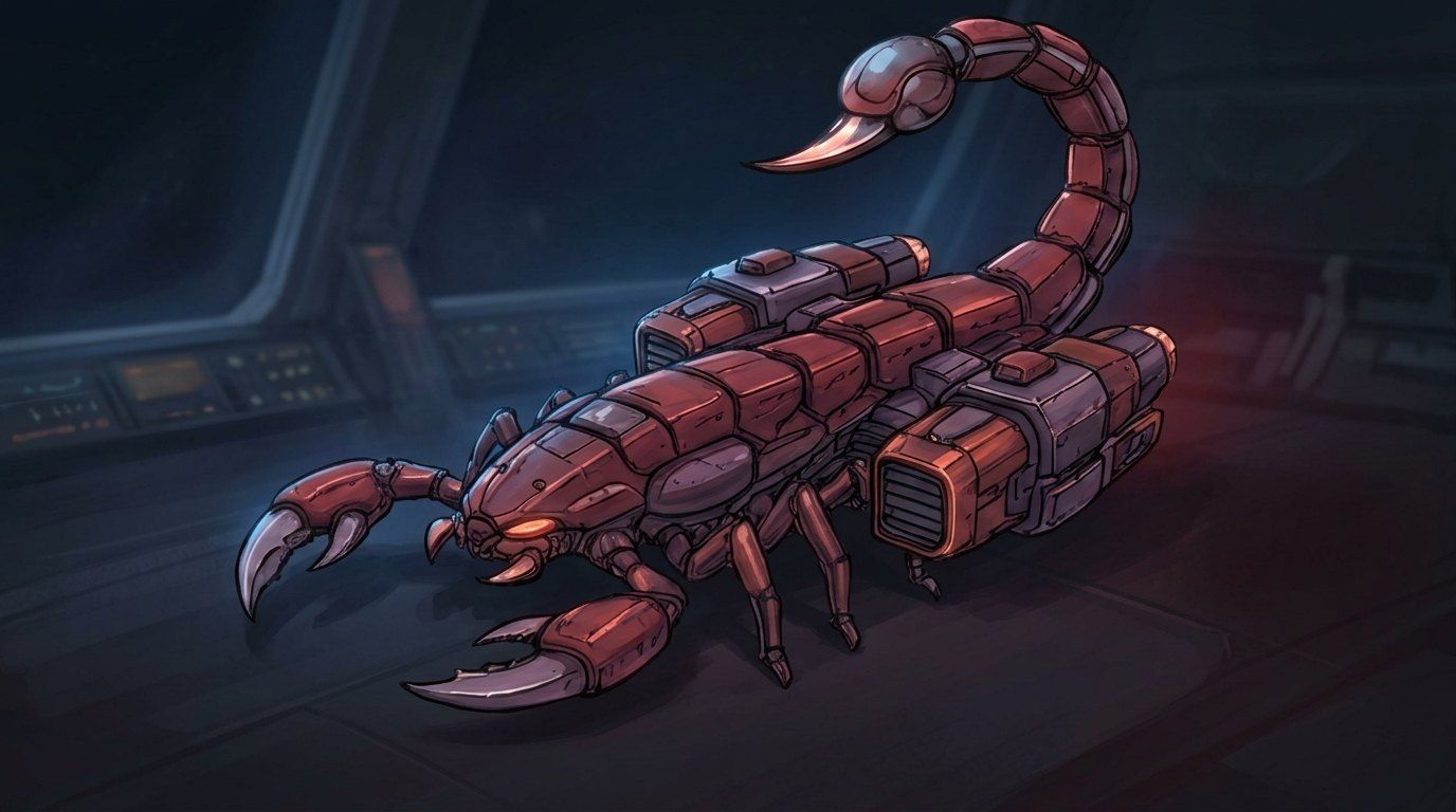 Concept art of a crimson armored scorpion enemy.